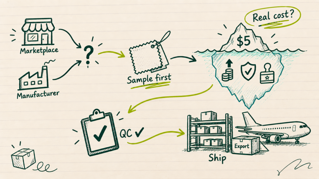 Diagram of sourcing products from India for Amazon FBA — marketplace vs manufacturer, sample testing, landed cost, quality control, and export shipping