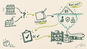 Diagram of sourcing products from India for Amazon FBA — marketplace vs manufacturer, sample testing, landed cost, quality control, and export shipping