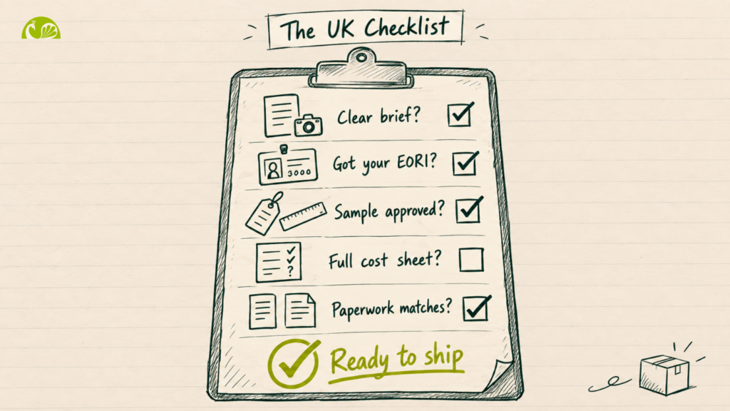 Checklist diagram for importing products from India to the UK — a clear buying brief, EORI registration, sample approval, complete cost sheet, matching paperwork, and dispatch readiness