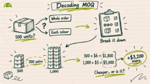 Diagram decoding minimum order quantity in India — what 500 units really means, breaking down separate minimums, the packaging overrun trap, and the real math behind "cheaper per unit" offers