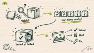 Diagram of a pre-shipment inspection checklist for imports from India — comparing the finished batch to the approved sample, understanding sampling vs full-unit checks, the limits of a sealed product's visual inspection, and the release, hold, or corrective-action decision