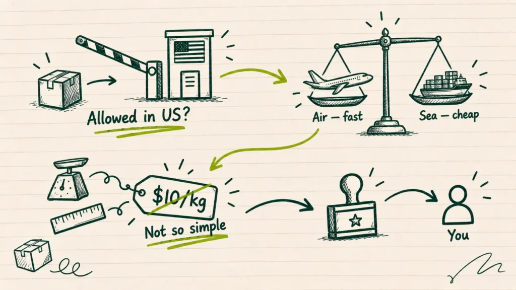 Diagram of shipping from India to the USA — product eligibility check, air vs sea freight tradeoff, real shipping costs beyond a flat rate, and buyer-side customs duties