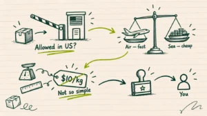Diagram of shipping from India to the USA — product eligibility check, air vs sea freight tradeoff, real shipping costs beyond a flat rate, and buyer-side customs duties