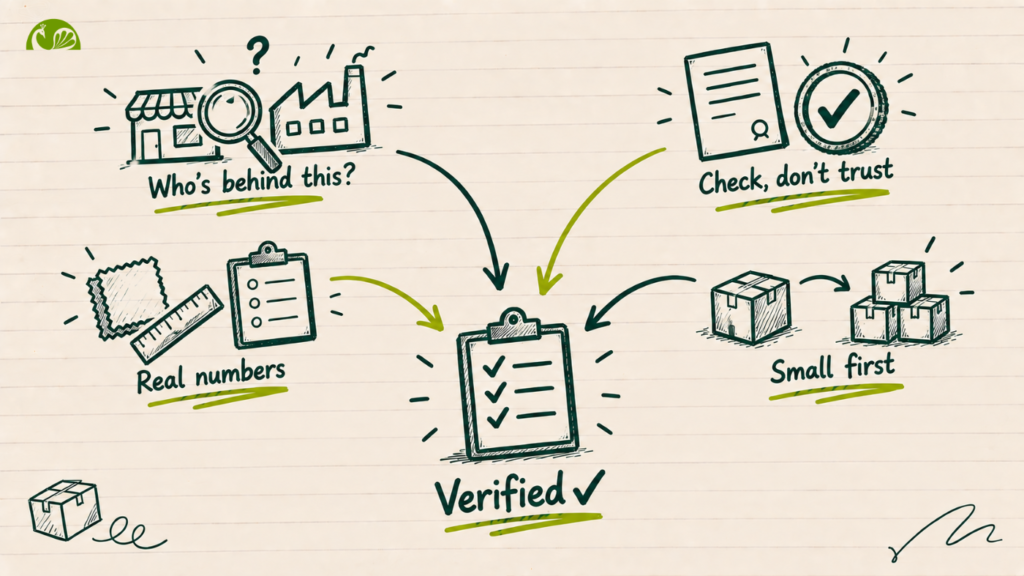 Diagram of how to verify an Indian supplier before a bulk order — confirming business identity, checking registration, approving a measurable sample, testing with a small first order, and reaching a verified checklist