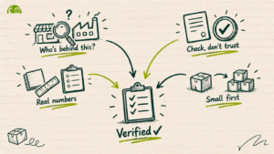 Diagram of how to verify an Indian supplier before a bulk order — confirming business identity, checking registration, approving a measurable sample, testing with a small first order, and reaching a verified checklist