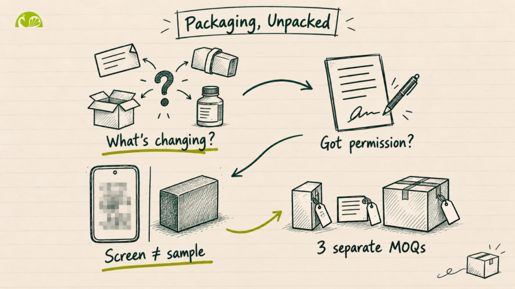 Diagram of a white label packaging checklist for products sourced from India — defining the exact packaging change, confirming brand permission, digital proof versus a physical sample, and separate minimum order quantities for product, label, and box