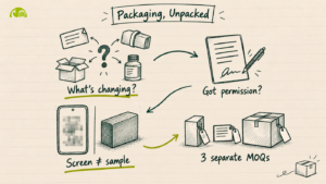 Diagram of a white label packaging checklist for products sourced from India — defining the exact packaging change, confirming brand permission, digital proof versus a physical sample, and separate minimum order quantities for product, label, and box
