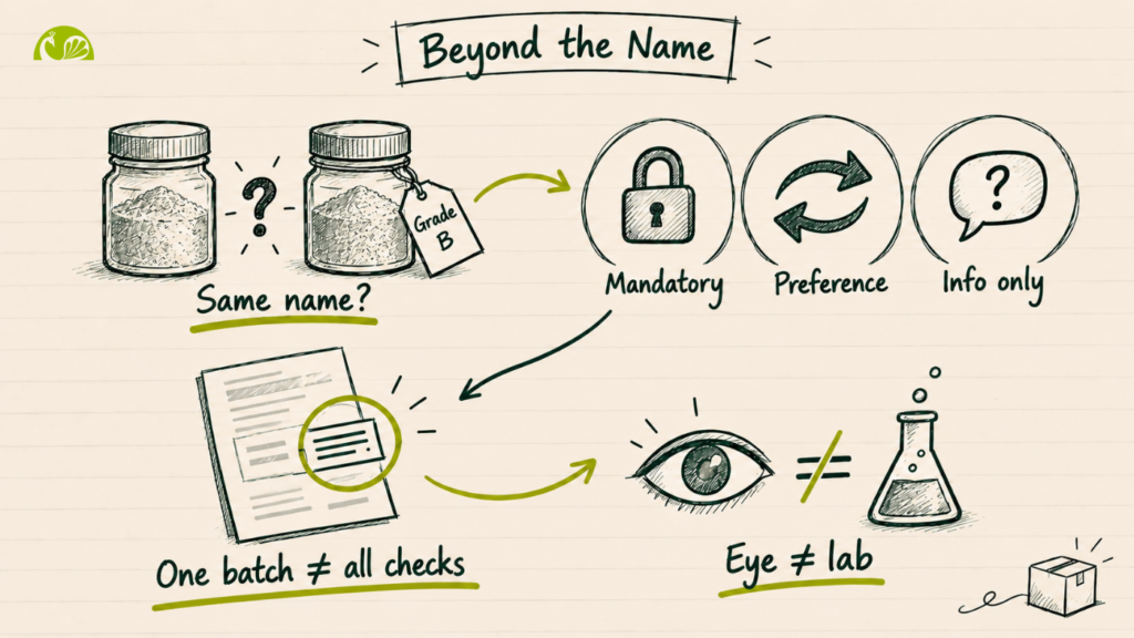 Diagram on writing a raw material specification for sourcing from India — spotting hidden grade differences behind a shared material name, separating mandatory requirements from preferences and information requests, the limits of a certificate of analysis, and the difference between a visual check and lab testing