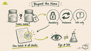Diagram on writing a raw material specification for sourcing from India — spotting hidden grade differences behind a shared material name, separating mandatory requirements from preferences and information requests, the limits of a certificate of analysis, and the difference between a visual check and lab testing
